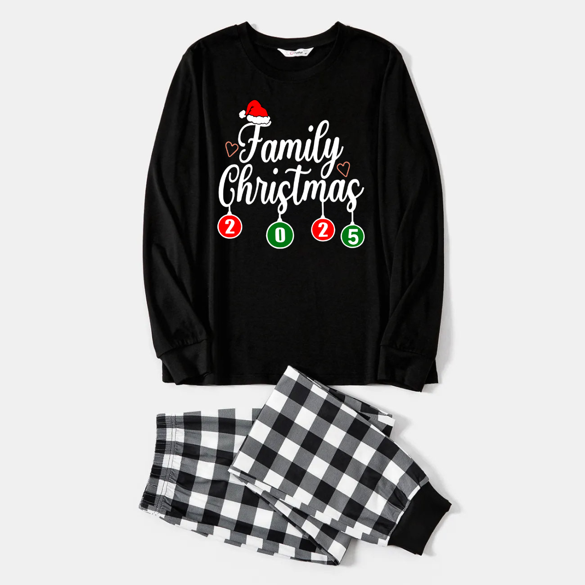 "Family Christmas" 2025 Black Long Sleeve Top with Black And White Plaid Pants Family Matching Pajamas