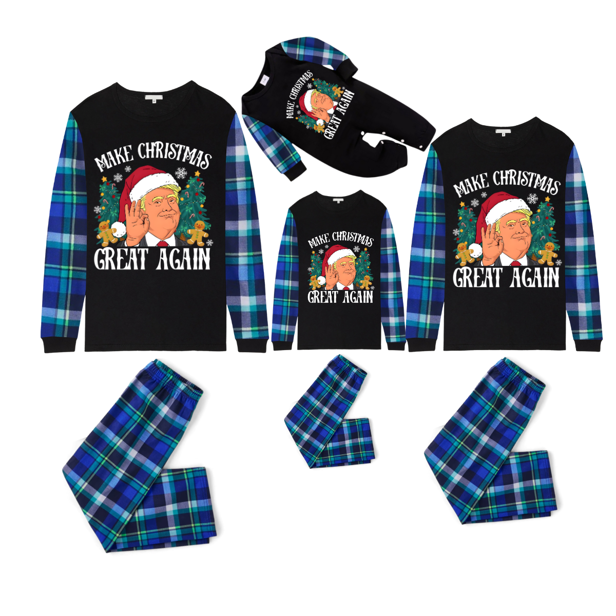 Christmas Cartoon Trump Make Christmas Great Again Family Pajamas Set - Black Top, Navy Pants, Plaid