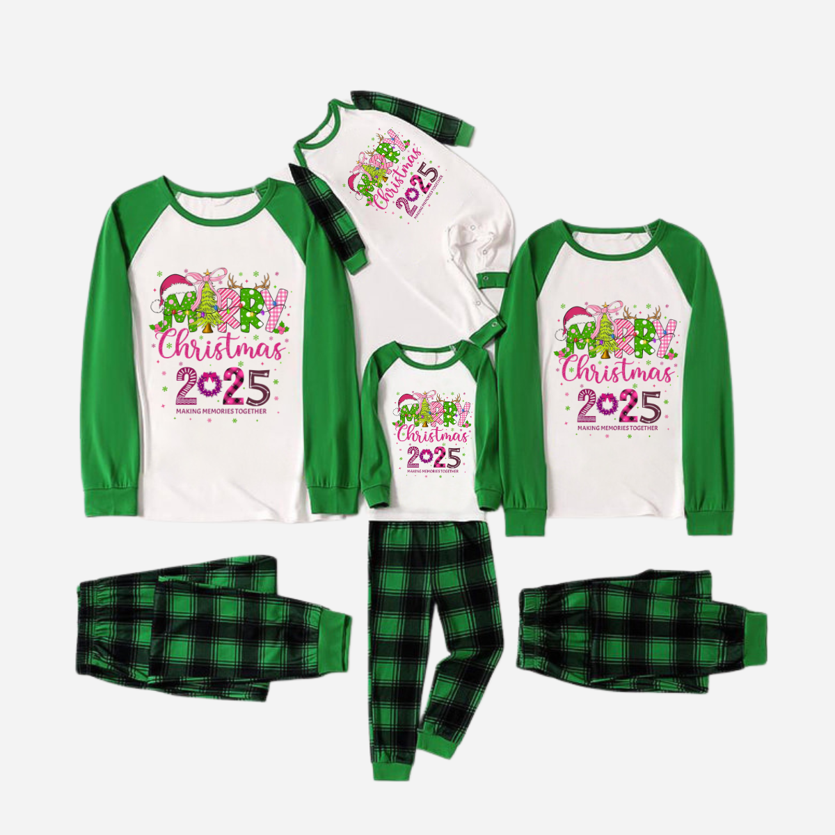 Merry Christmas 2025 Family Christmas Pajamas Set - White Top with Green Sleeves and Green Plaid Pants