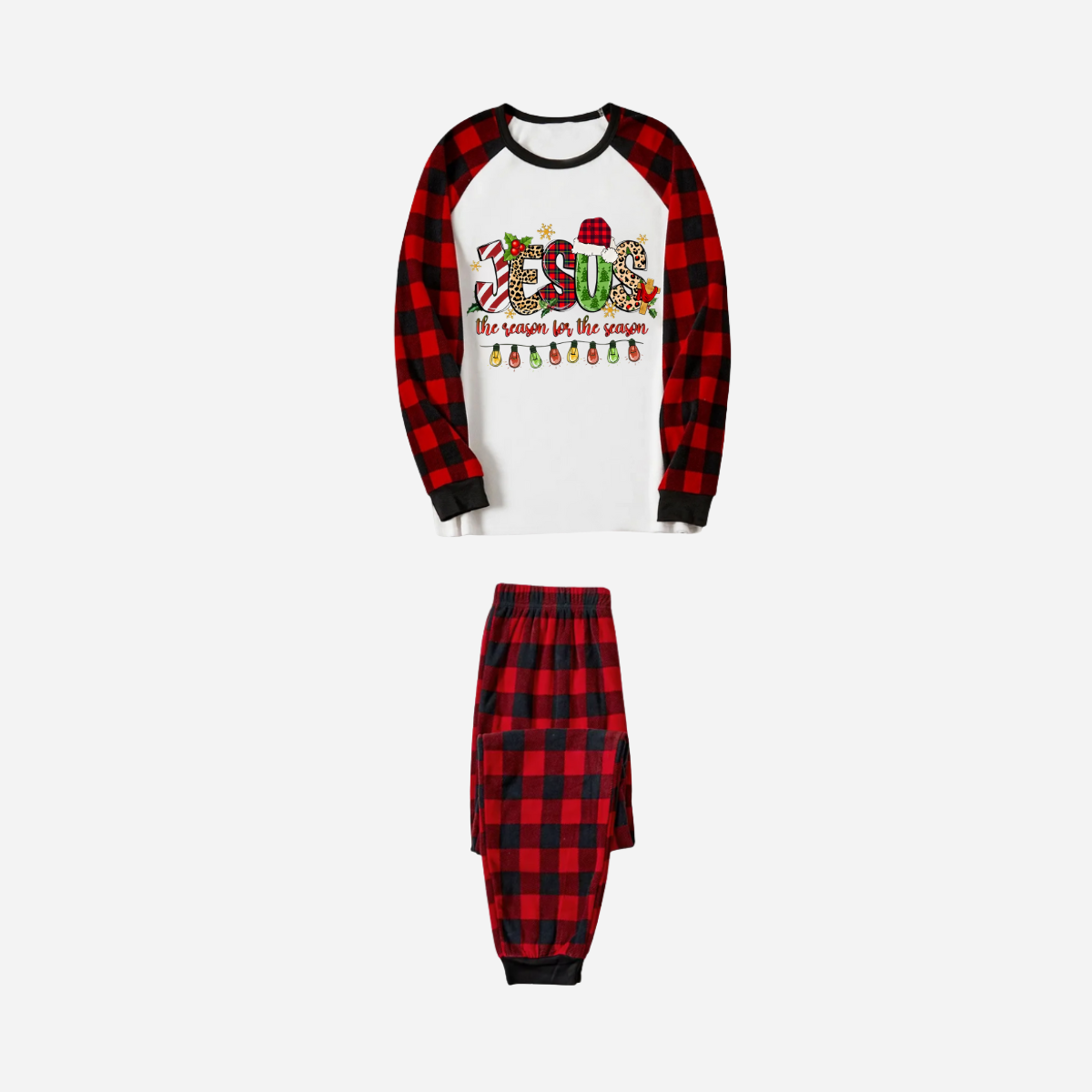 Jesus the Reason for the Season Family Christmas Pajamas Set - White Top with Red Plaid Sleeves and Pants