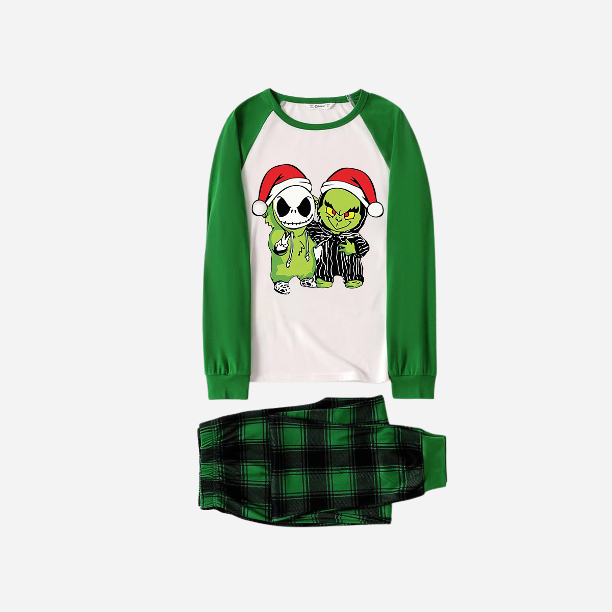 Green Raglan Top Green Plaid Christmas Pajamas Set With Grinch and Cartoon Pattern Print