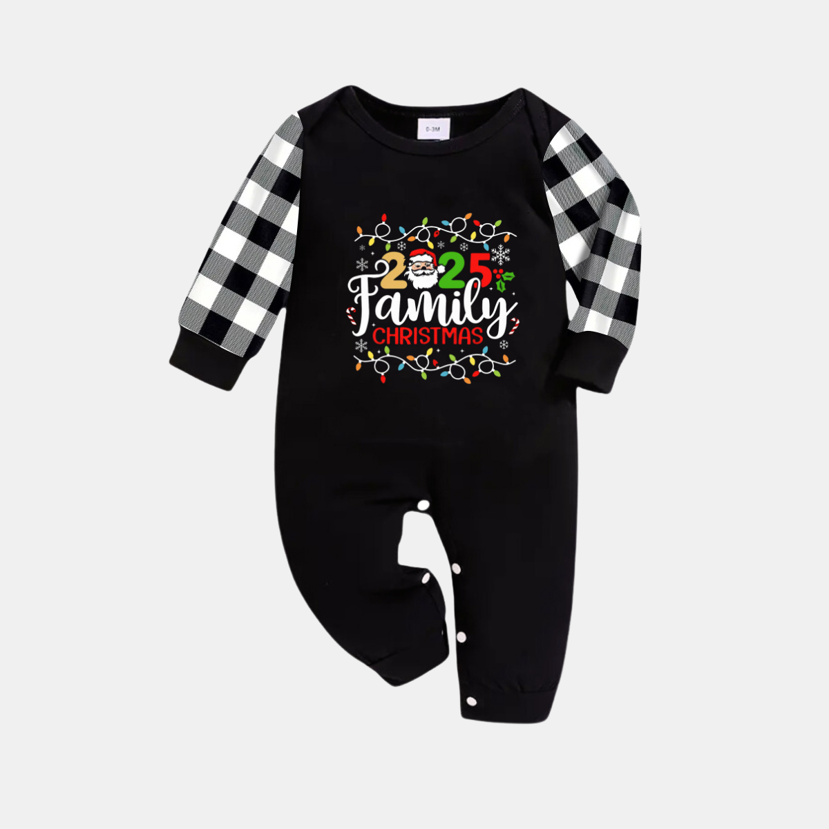 Black and White Plaid Christmas Pajamas Set With Christmas Light and "2025 Family Christmas" Text Print