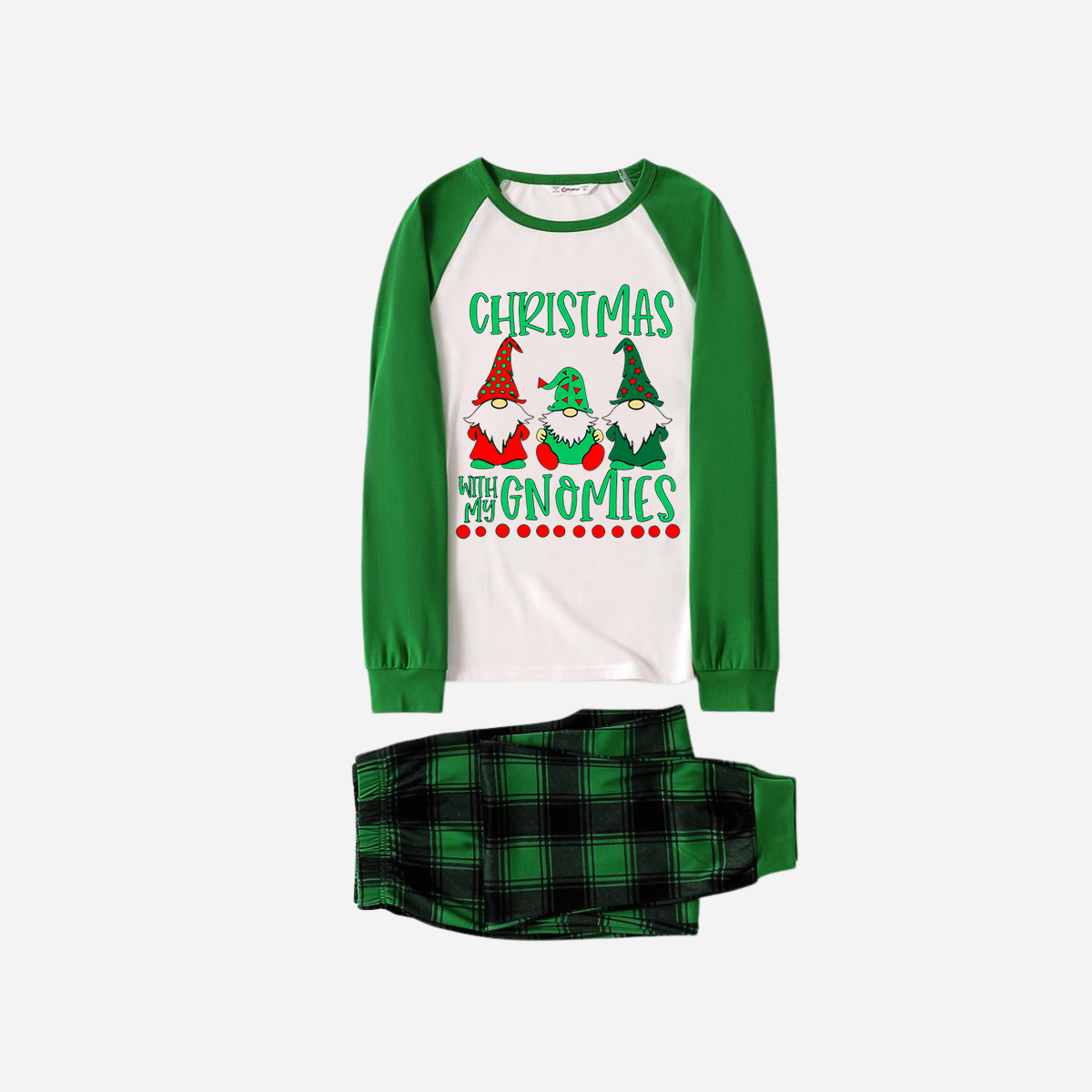 Green Raglan Top Green Plaid Christmas Pajamas Set With "Christmas With My Gnomies" Text Print