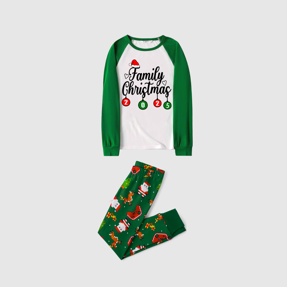 Christmas Family Matching Family Pajamas Set - White Top, Green Pants, Santa Print