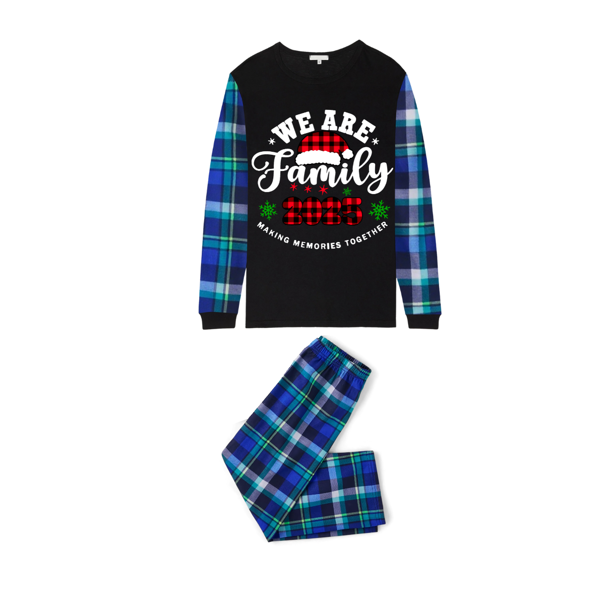 2025 We Are Family Christmas Family Pajamas Set - Black Top / Blue Checkered Pants / Blue Checkered Sleeves
