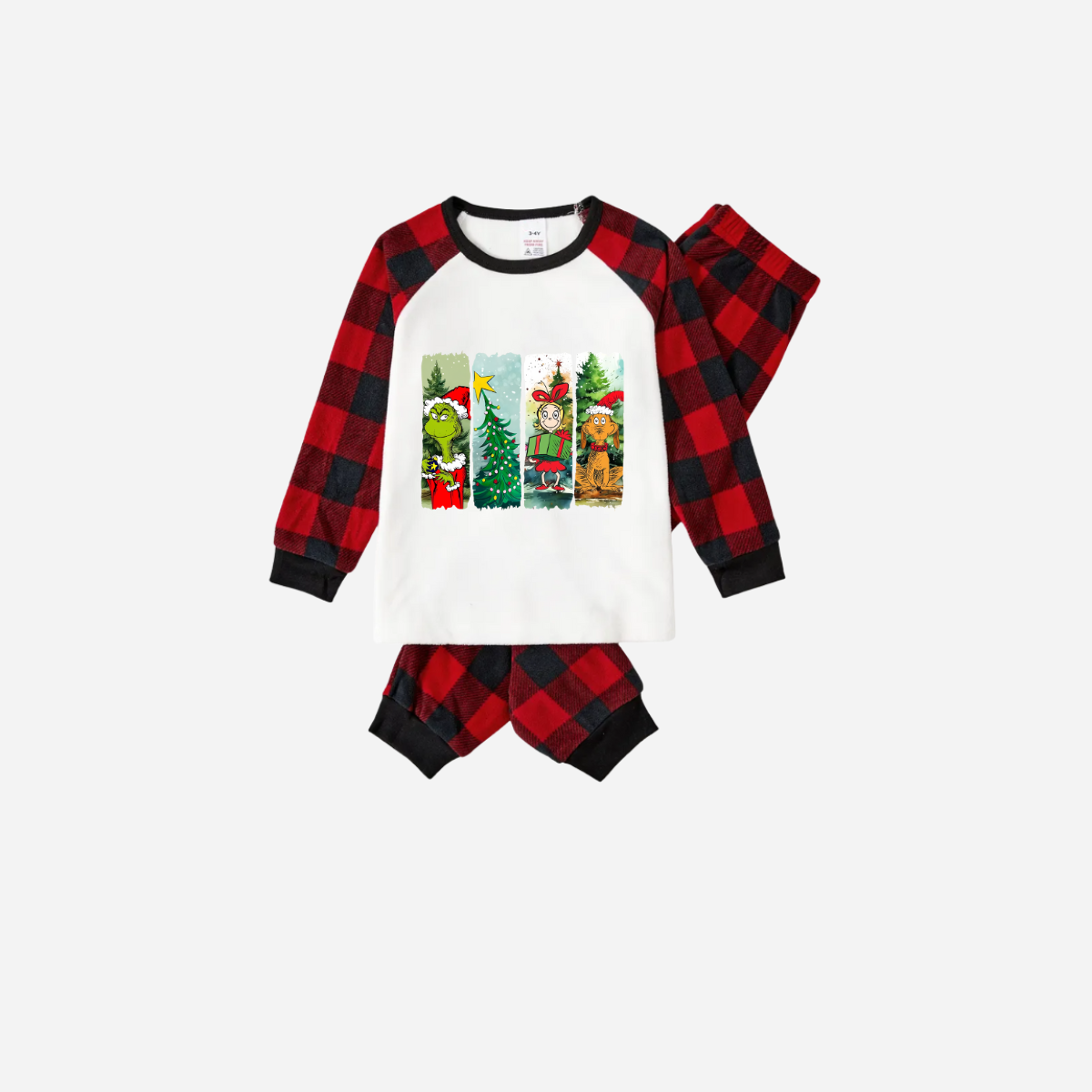 Christmas Cartoon Family Christmas Pajamas Set - White Top with Red Plaid Sleeves and Red Plaid Pants