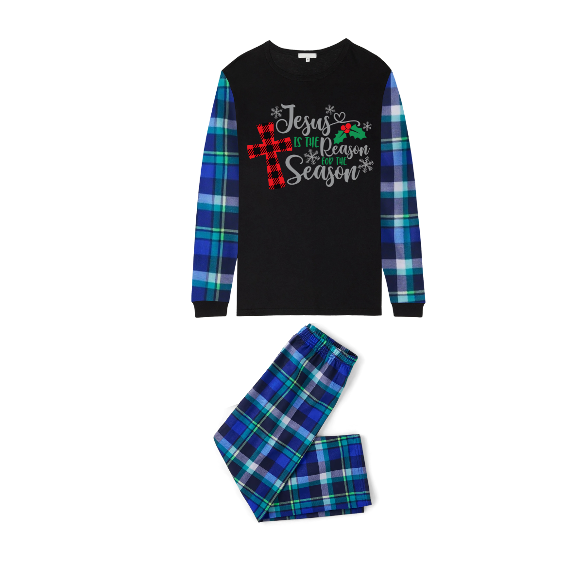Matching Family Christmas Pajamas Jesus Is the Reason, Blue Plaid