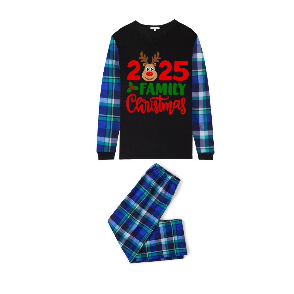 2025 Reindeer Family Christmas Family Pajamas Set - Black Top / Blue Plaid Pants / Blue Plaid Sleeves
