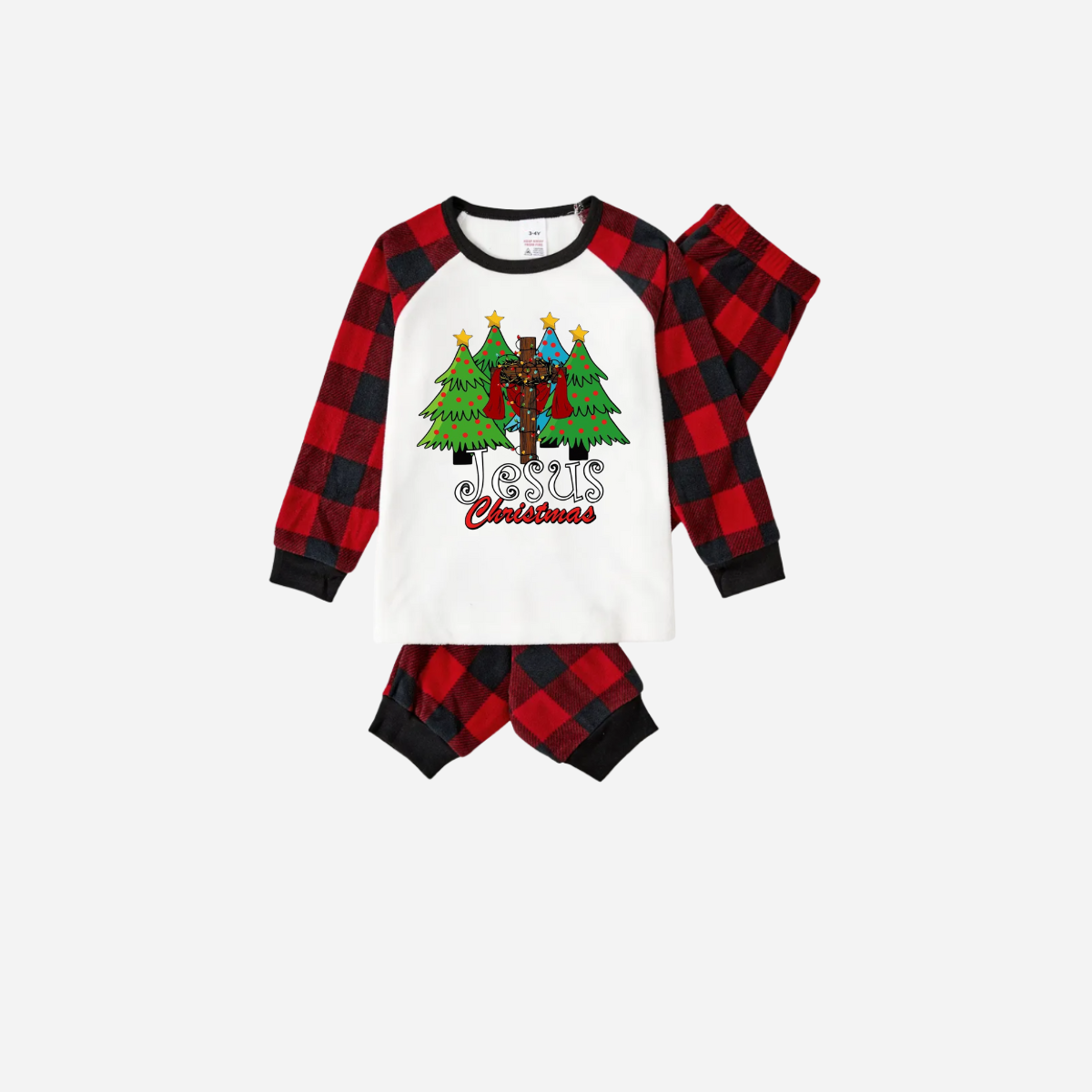Jesus Christmas Family Matching Pajamas Set - White Top with Red Plaid Sleeves and Red Plaid Pants