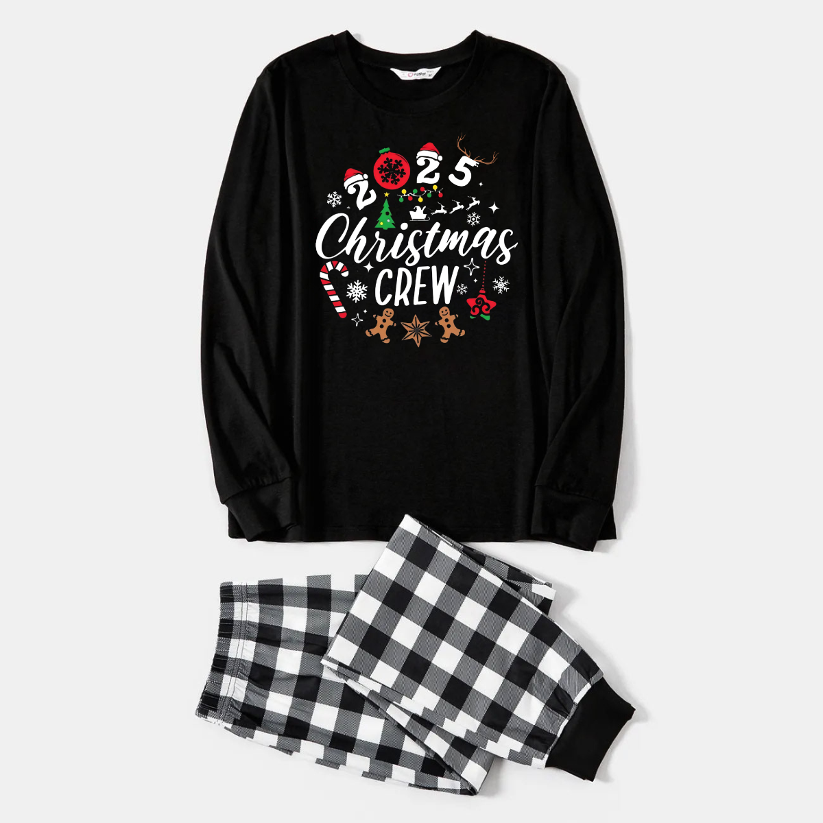 2025 Christmas Crew Making Memories Together Text Print Black Long Sleeve Top with Black And White Plaid Pants Family Matching Pajamas
