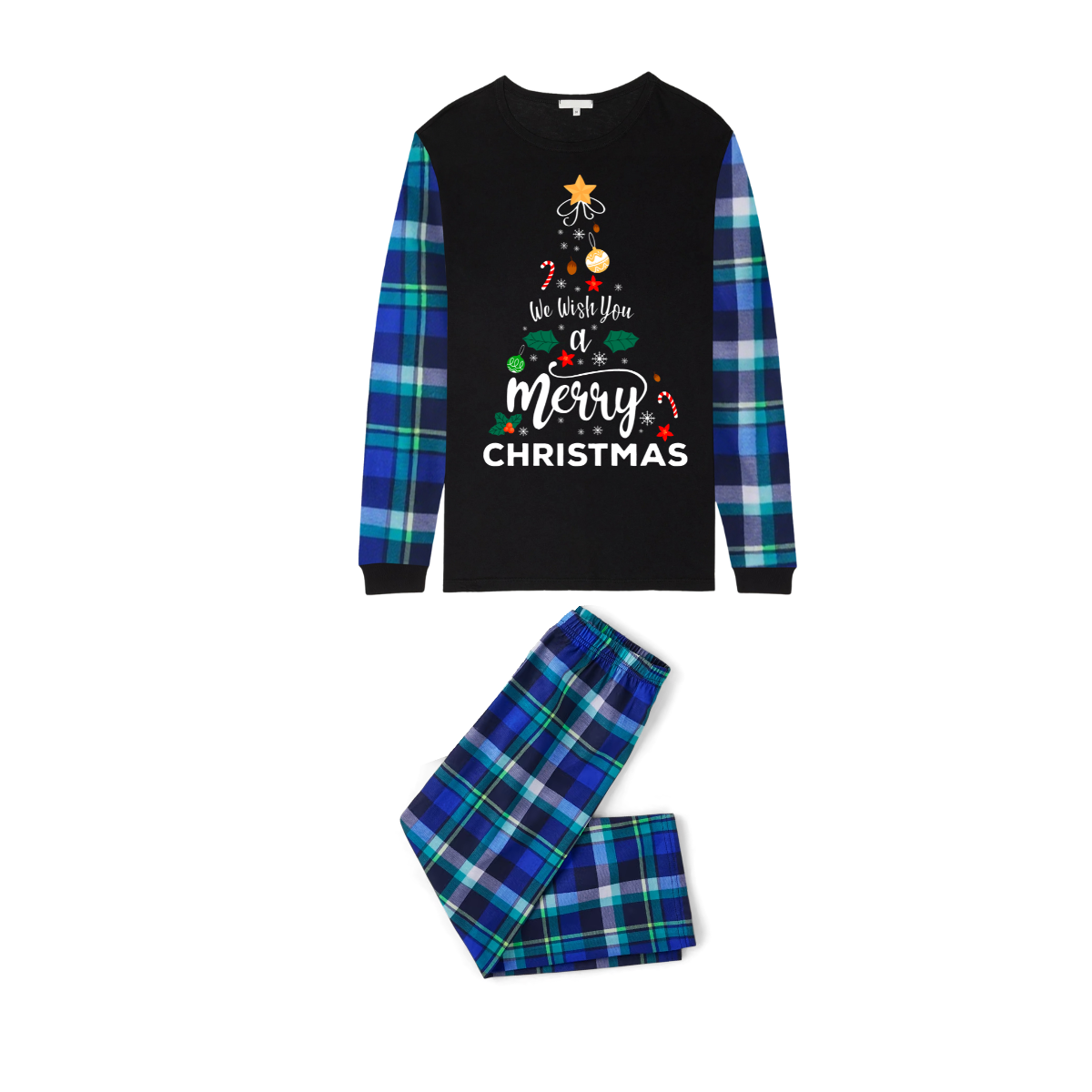 We Wish You a Merry Christmas Family Pajamas Set - Black Top / Blue Plaid Pants / Blue Plaid Sleeves