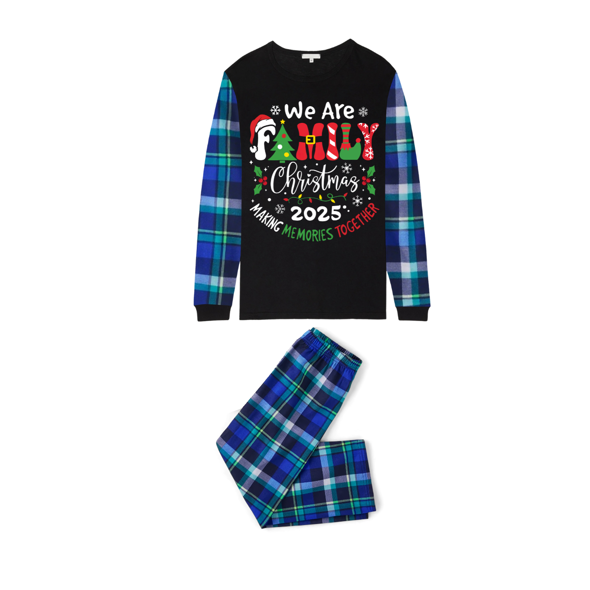 We Are Family Christmas 2025 Making Memories Family Pajamas Set - Black Top, Blue Pants, Blue-Green Plaid Sleeves
