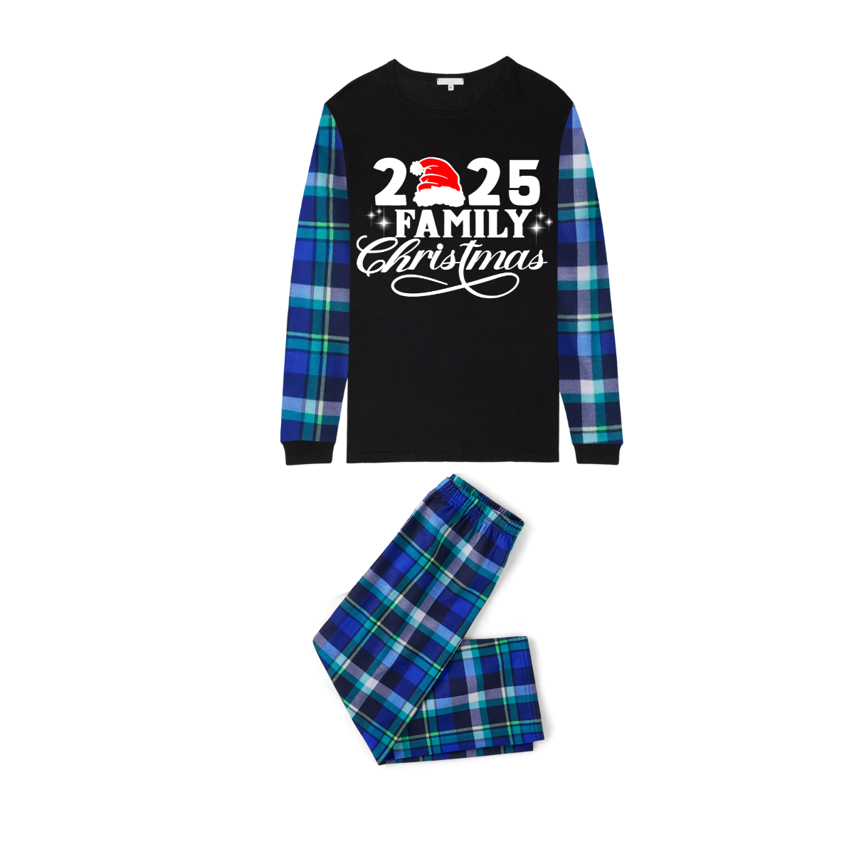 Christmas 2025 Family Matching Family Pajamas Set - Black Top, Blue Pants, Blue Plaid Pattern