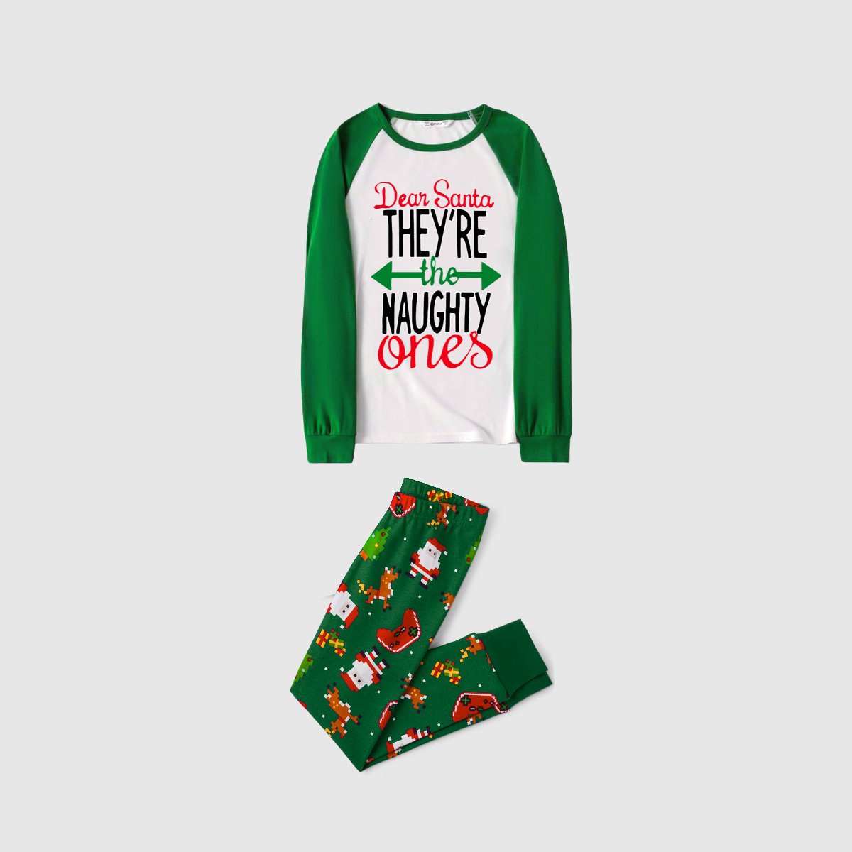 Dear Santa Naughty Ones Family Pajamas Set - White Top, Green Christmas Pattern Pants, Green Sleeves