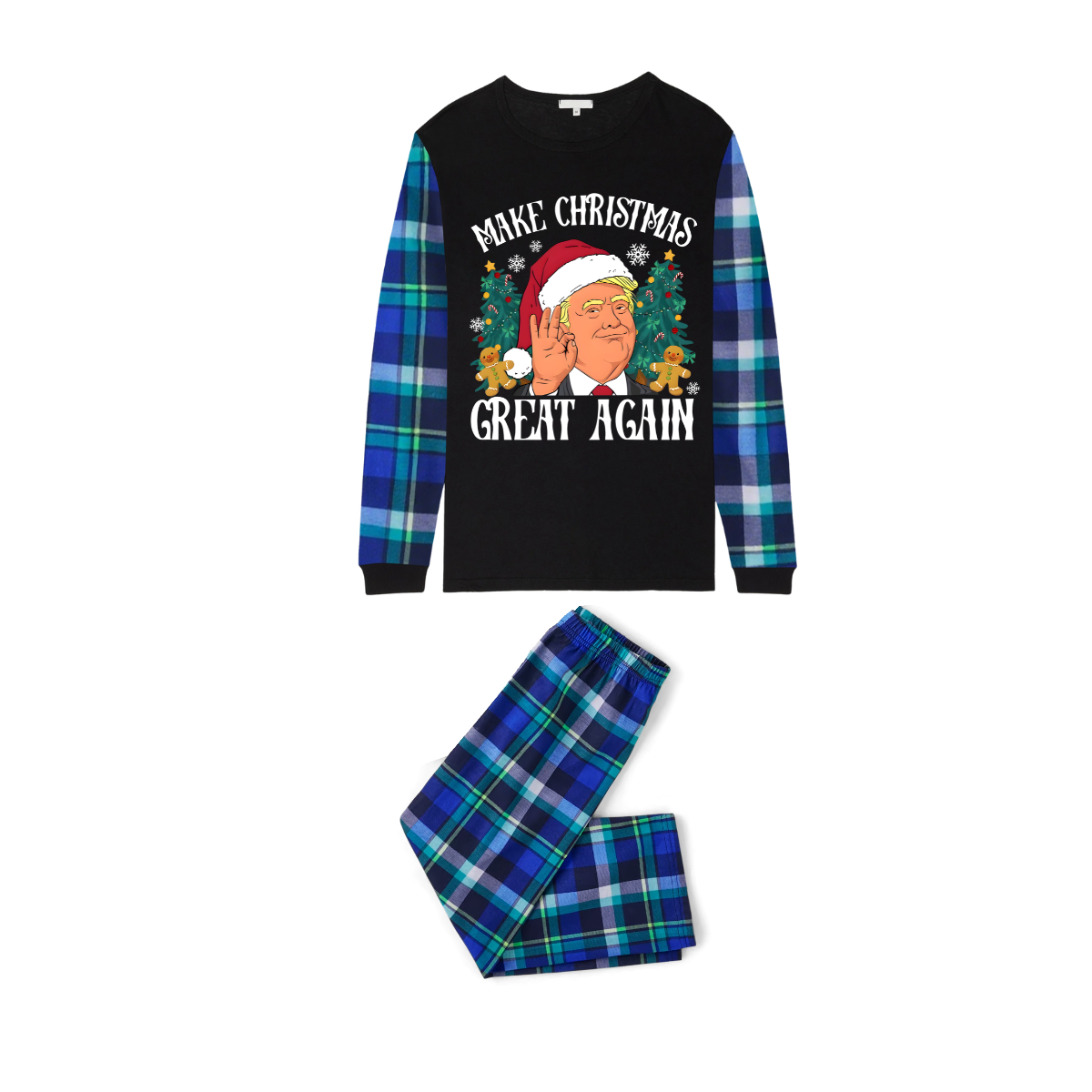 Christmas Cartoon Trump Make Christmas Great Again Family Pajamas Set - Black Top, Navy Pants, Plaid