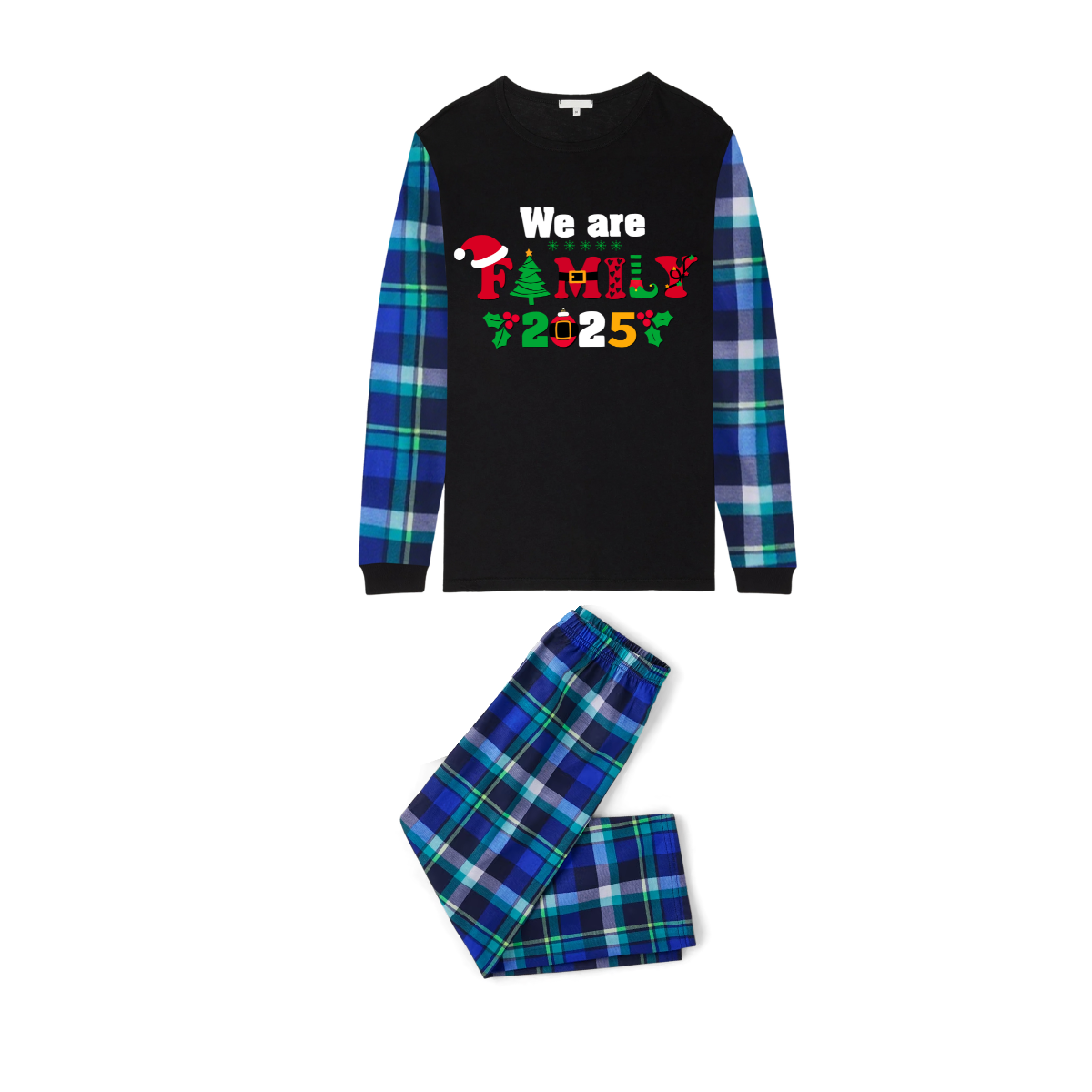 We Are Family Christmas 2025 Family Pajamas Set - Black Top, Blue Pants, Blue-Green Plaid Sleeves
