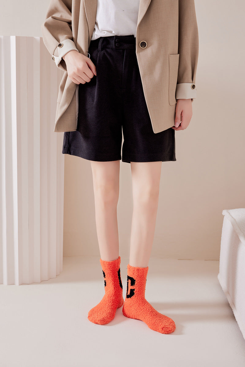 Super Cozy Women's Coral Fleece Socks With Sherpa Lining And Letter Embroidery Holiday Socks