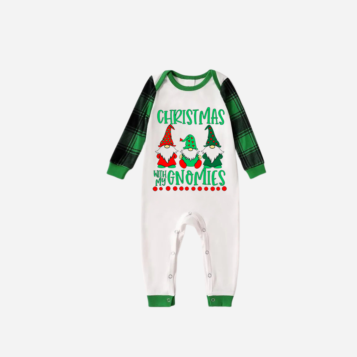 Green Raglan Top Green Plaid Christmas Pajamas Set With "Christmas With My Gnomies" Text Print