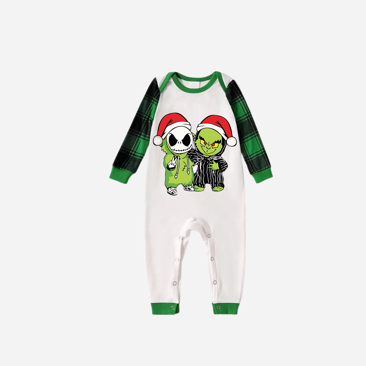Green Raglan Top Green Plaid Christmas Pajamas Set With Grinch and Cartoon Pattern Print