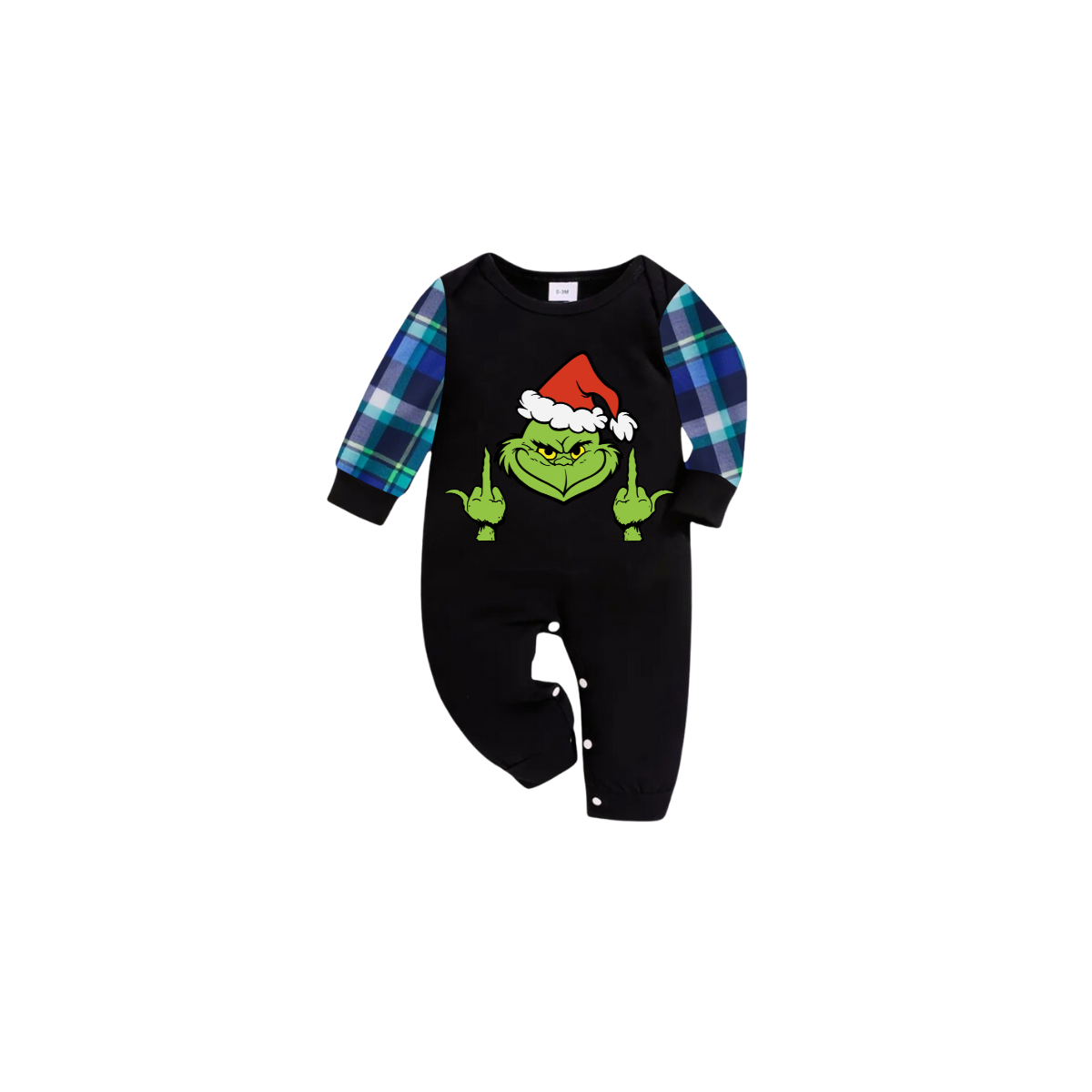 Grinch Santa Family Christmas Pajamas Black Top with Blue Plaid Pants
