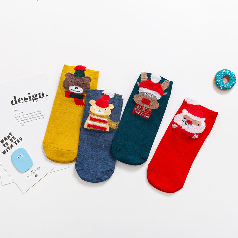 Christmas Cartoon Santa Elk Bear Fox Snowman Short Cotton Socks 4Pairs