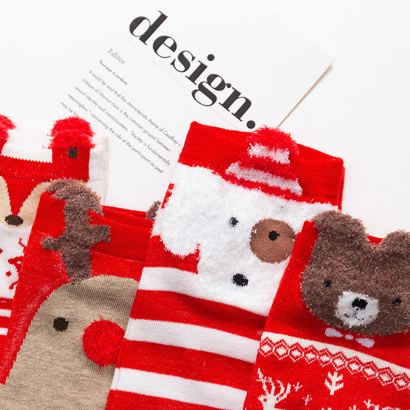 Christmas Cartoon Santa Elk Bear Fox Snowman Short Cotton Socks 4Pairs