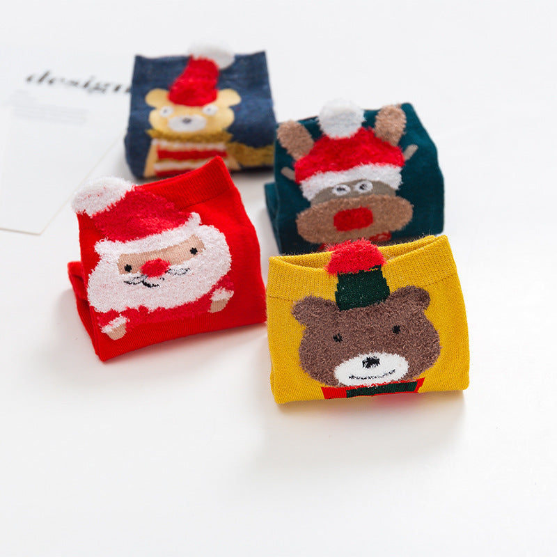 Christmas Cartoon Santa Elk Bear Fox Snowman Short Cotton Socks 4Pairs