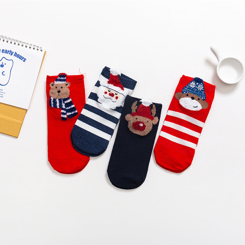 Christmas Cartoon Santa Elk Bear Fox Snowman Short Cotton Socks 4Pairs