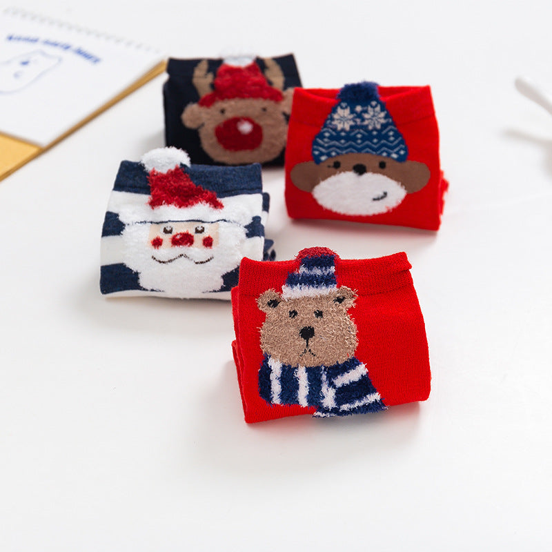 Christmas Cartoon Santa Elk Bear Fox Snowman Short Cotton Socks 4Pairs