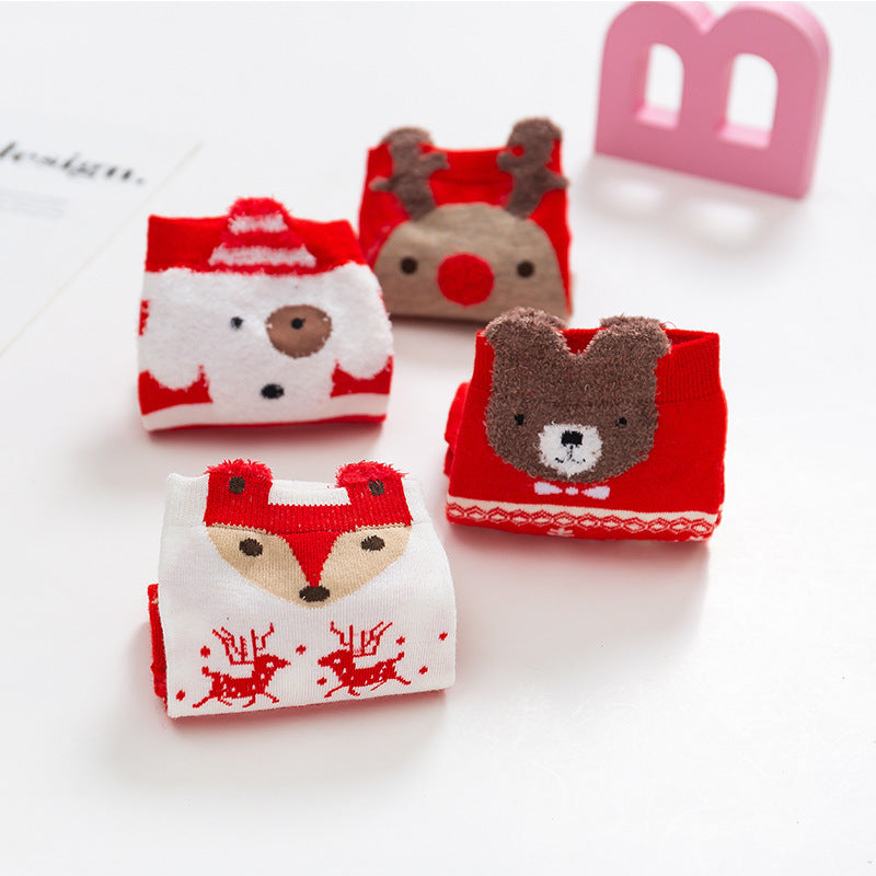 Christmas Cartoon Santa Elk Bear Fox Snowman Short Cotton Socks 4Pairs