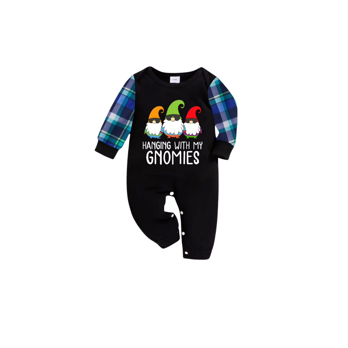 Hanging With My Gnomies Christmas 2025 Family Pajamas Set - Black Top, Blue Pants, Blue-Green Plaid Sleeves