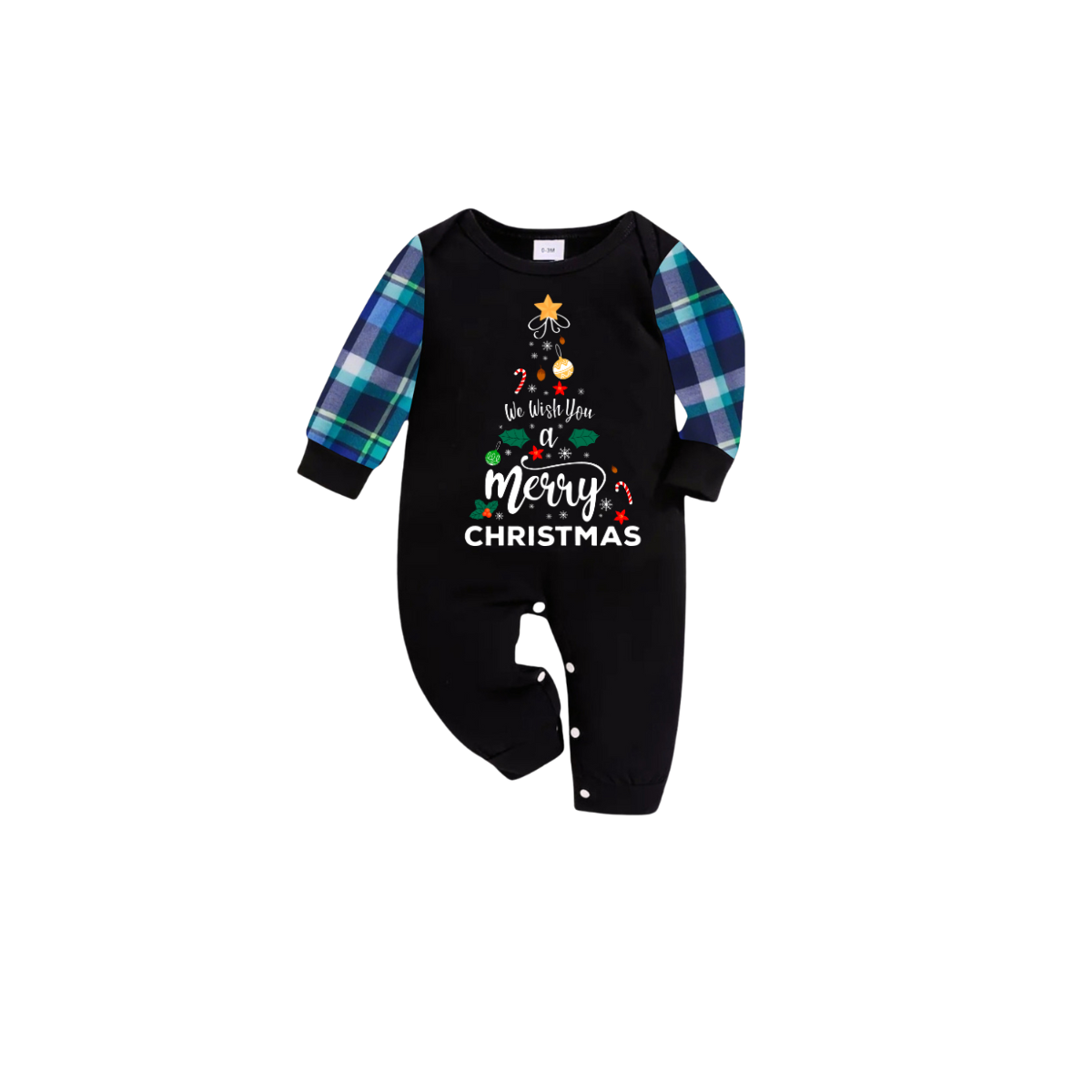 We Wish You a Merry Christmas Family Pajamas Set - Black Top / Blue Plaid Pants / Blue Plaid Sleeves