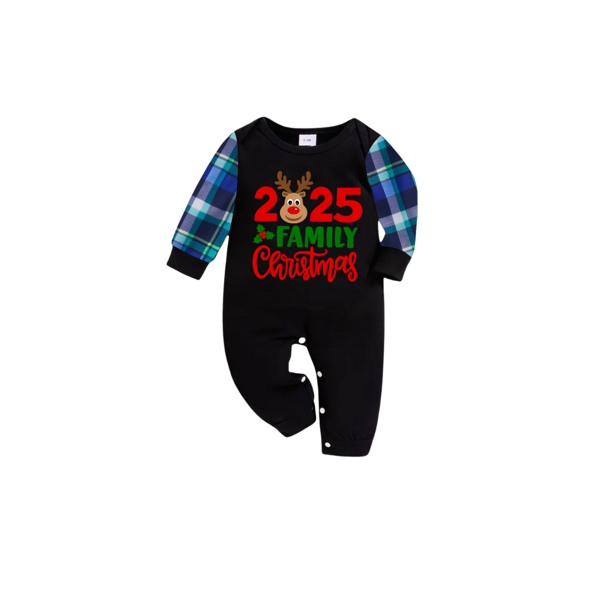 2025 Reindeer Family Christmas Family Pajamas Set - Black Top / Blue Plaid Pants / Blue Plaid Sleeves