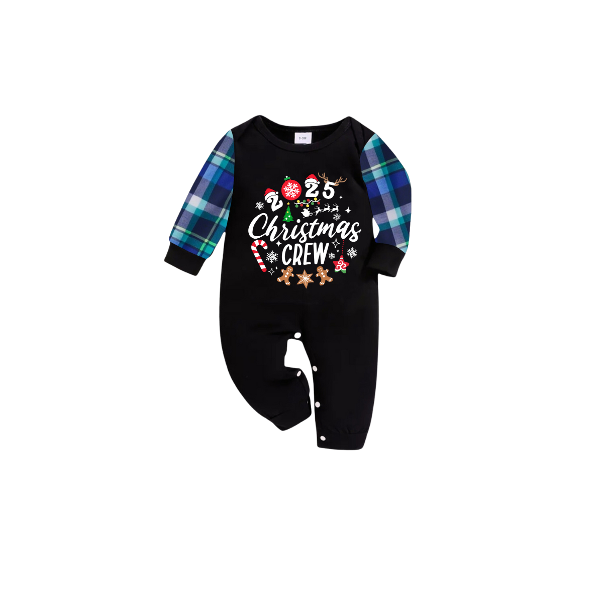 Christmas Crew 2025 Family Pajamas Set - Black Top, Blue Pants, Blue-Green Plaid Sleeves, Gingerbread Candy Print
