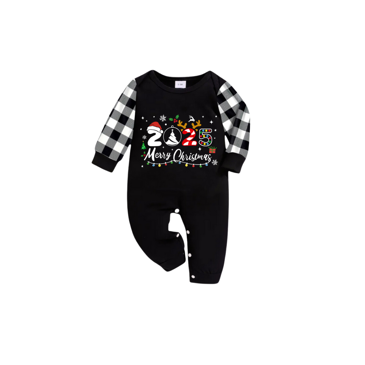 2025 Merry Christmas Family Pajamas Set - Black Top Black and White Plaid Pants White Text Graphic