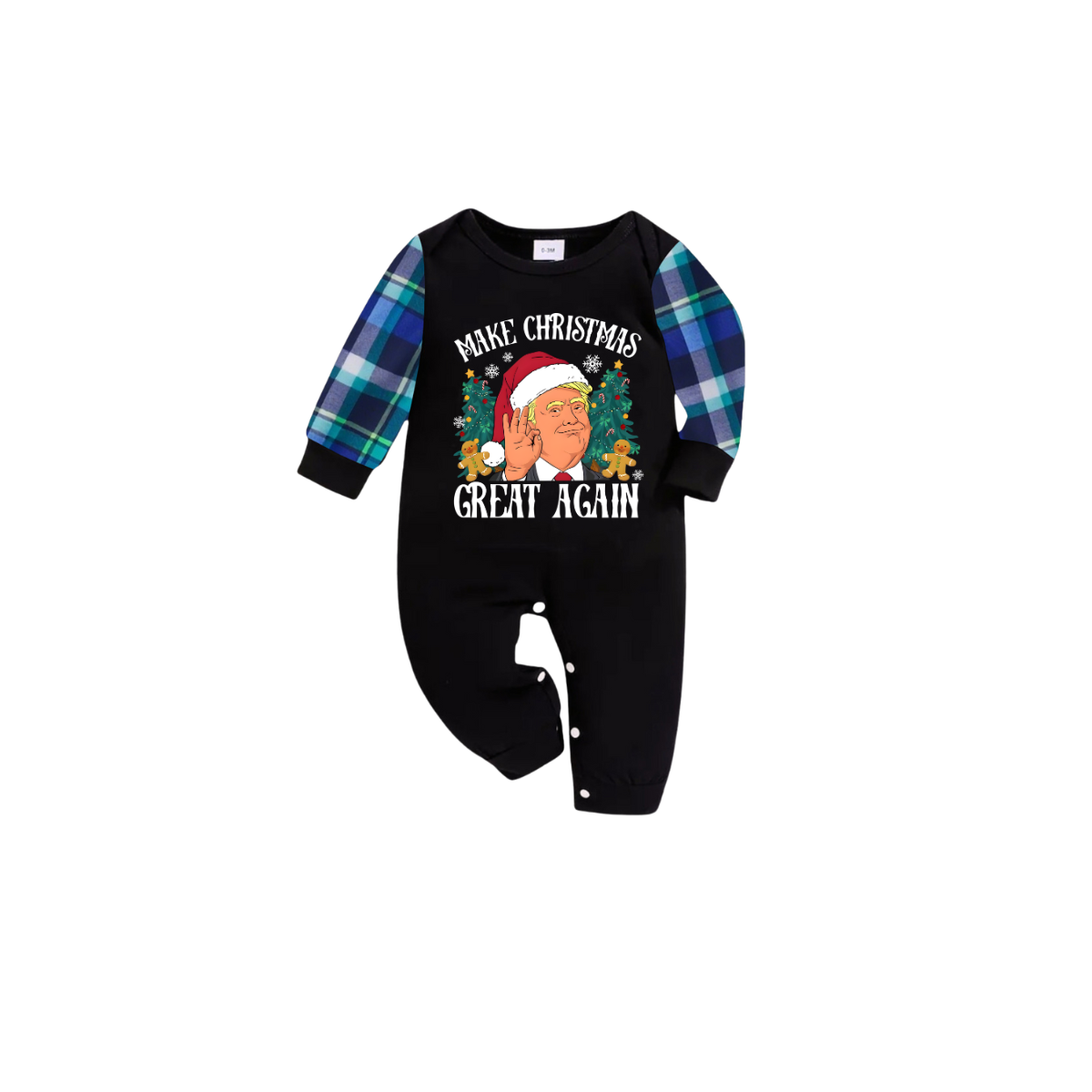 Christmas Cartoon Trump Make Christmas Great Again Family Pajamas Set - Black Top, Navy Pants, Plaid