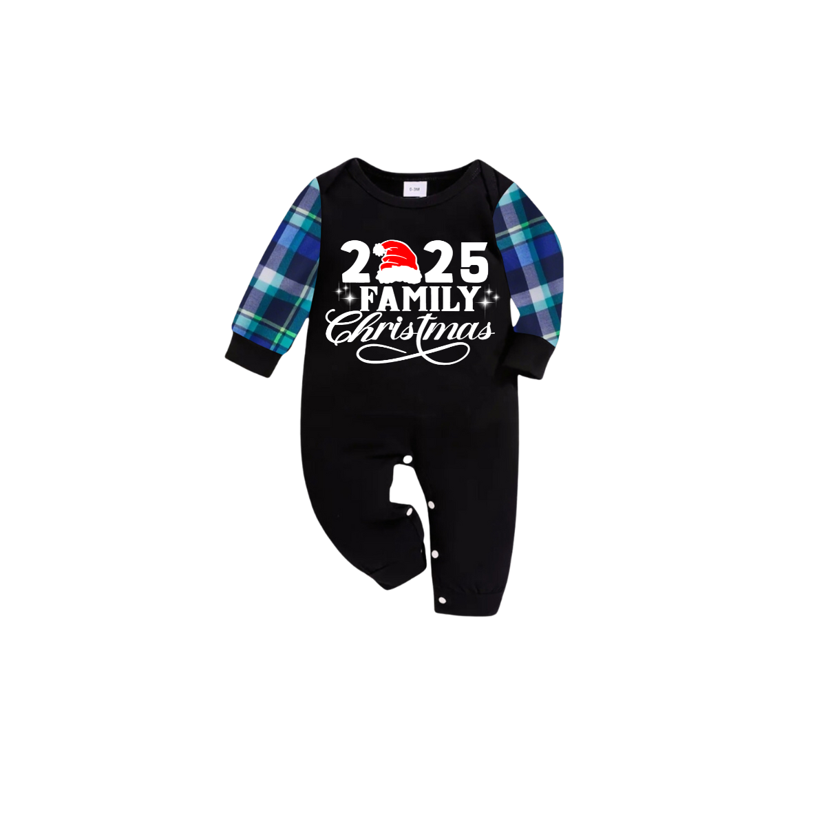 Christmas 2025 Family Matching Family Pajamas Set - Black Top, Blue Pants, Blue Plaid Pattern