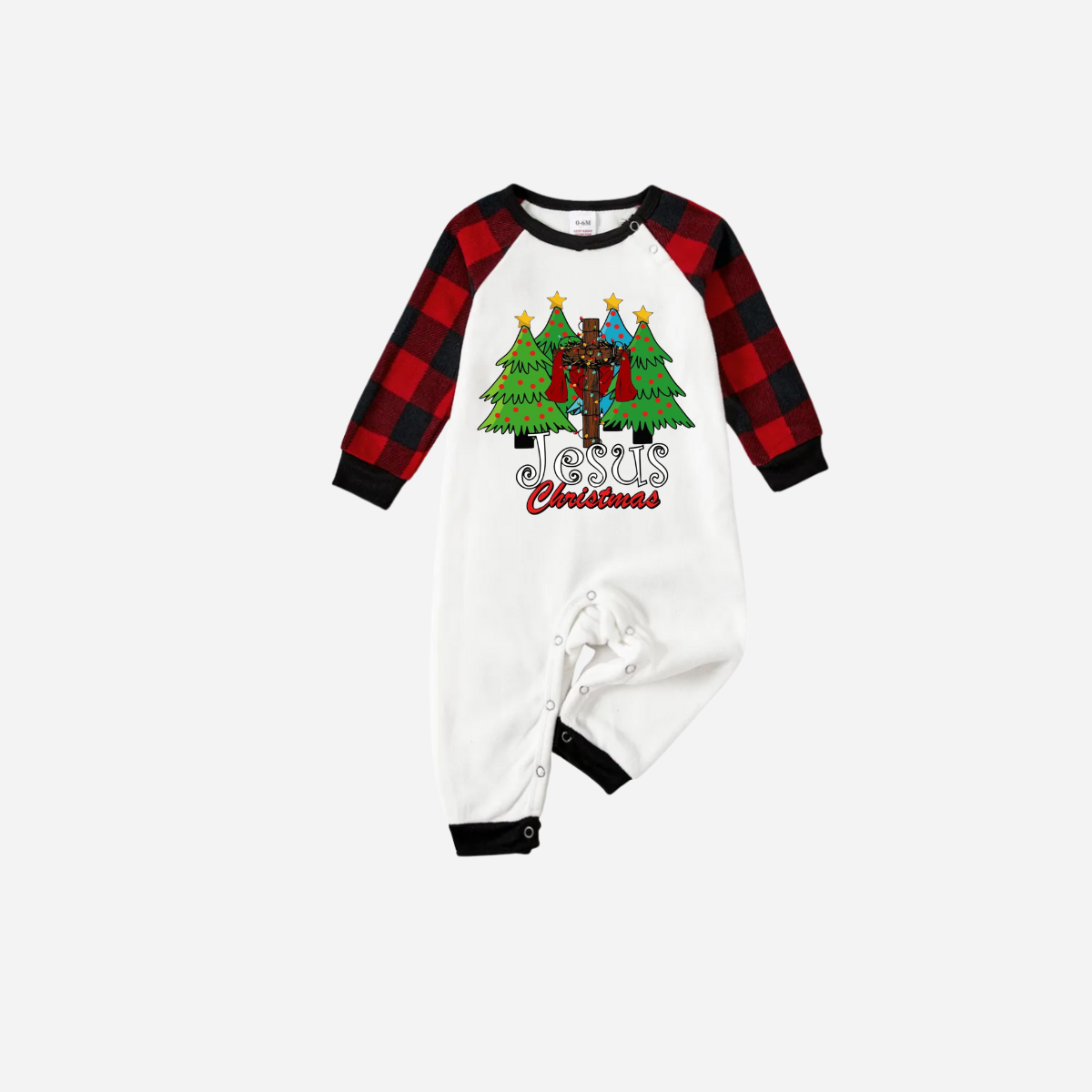 Jesus Christmas Family Matching Pajamas Set - White Top with Red Plaid Sleeves and Red Plaid Pants