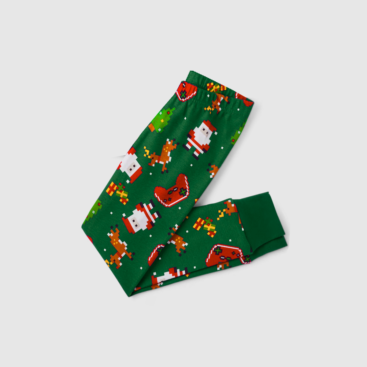Christmas Family Matching Family Pajamas Set - White Top, Green Pants, Santa Print