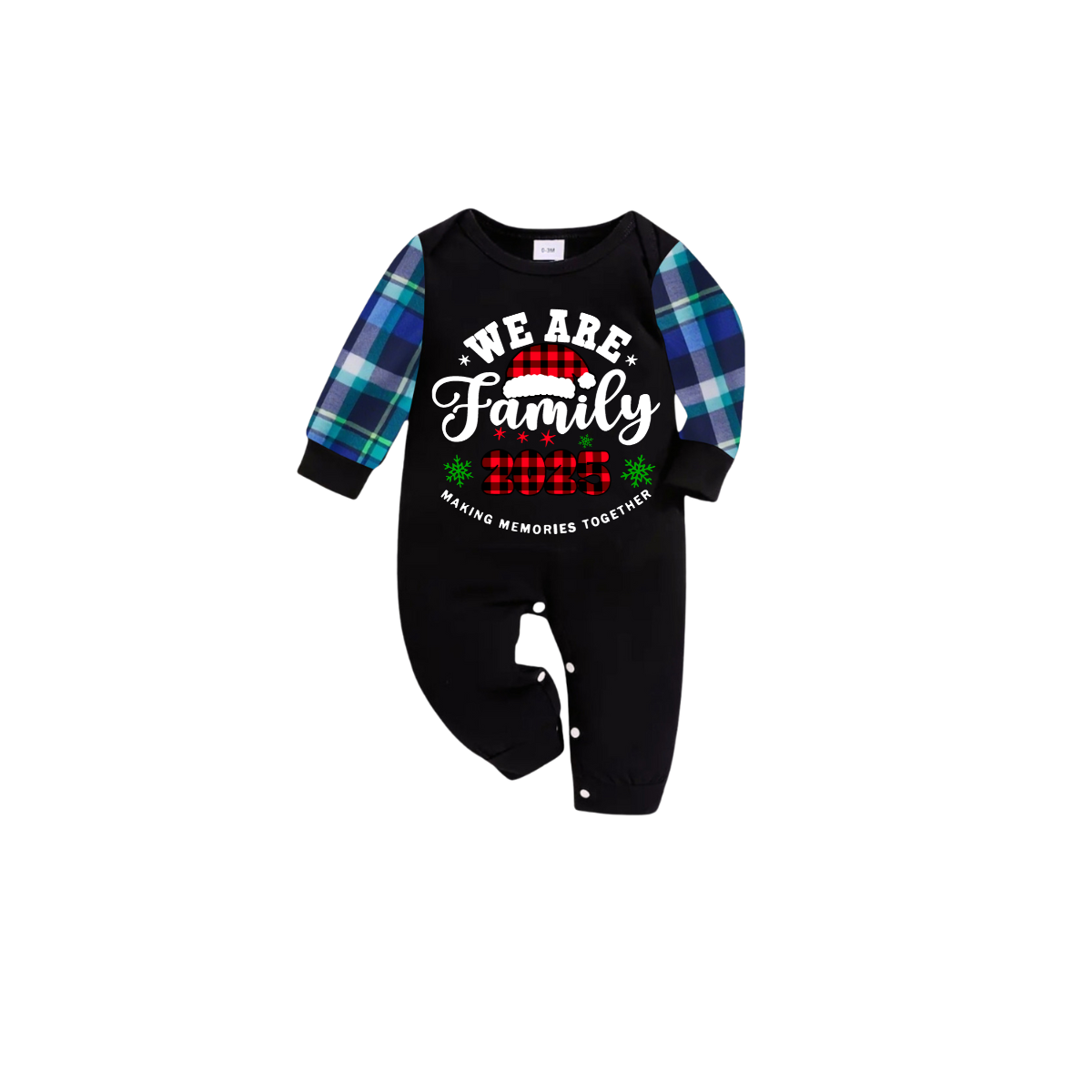 2025 We Are Family Christmas Family Pajamas Set - Black Top / Blue Checkered Pants / Blue Checkered Sleeves