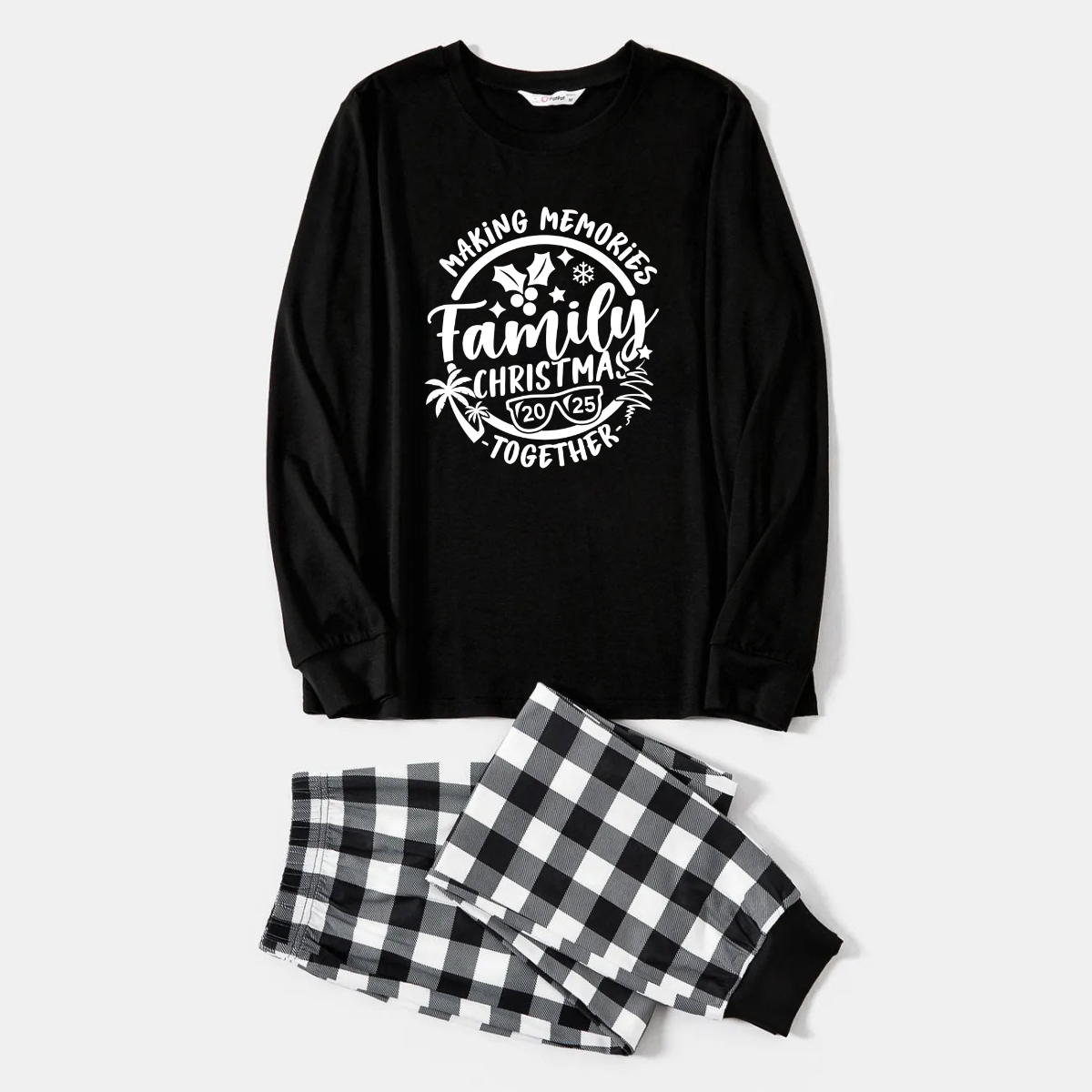 Christmas Make Memories Together 2025 Print Black Long Sleeve Top with Black And White Plaid Pants Family Matching Pajamas