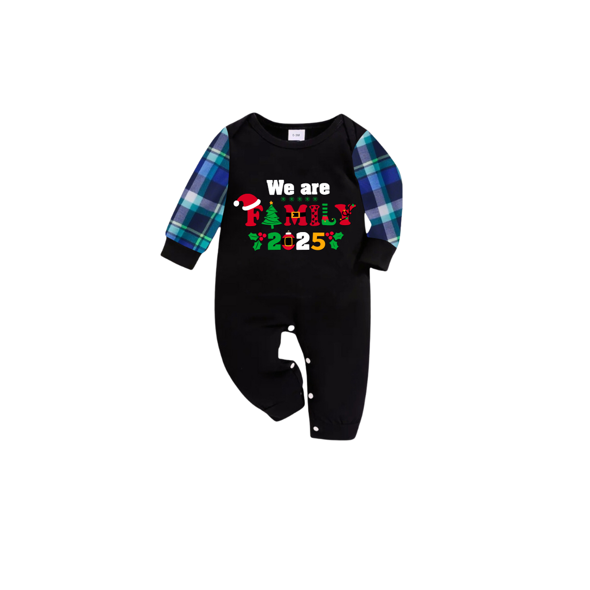 We Are Family Christmas 2025 Family Pajamas Set - Black Top, Blue Pants, Blue-Green Plaid Sleeves