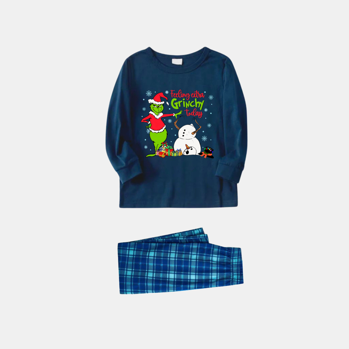 Navy & Sky Blue Plaid Christmas Pajamas Set With Grinch and Snowman Print