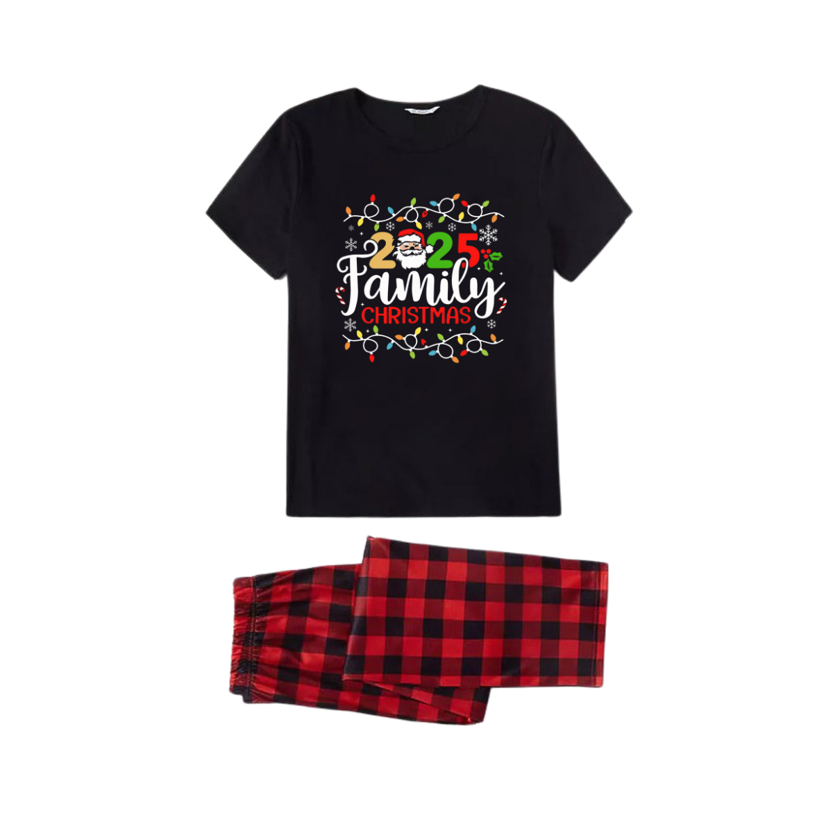 Red and Black Plaid Short Sleeve Christmas Pajamas Set With Christmas Light and "2025 Family Christmas" Text Print