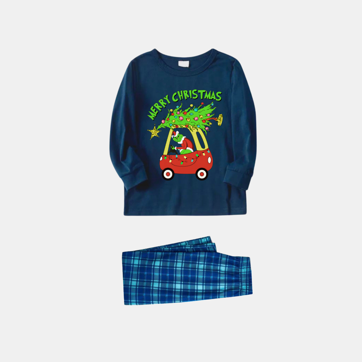 Navy & Sky Blue Plaid Christmas Pajamas Set With Grinch and Christmas Tree Print