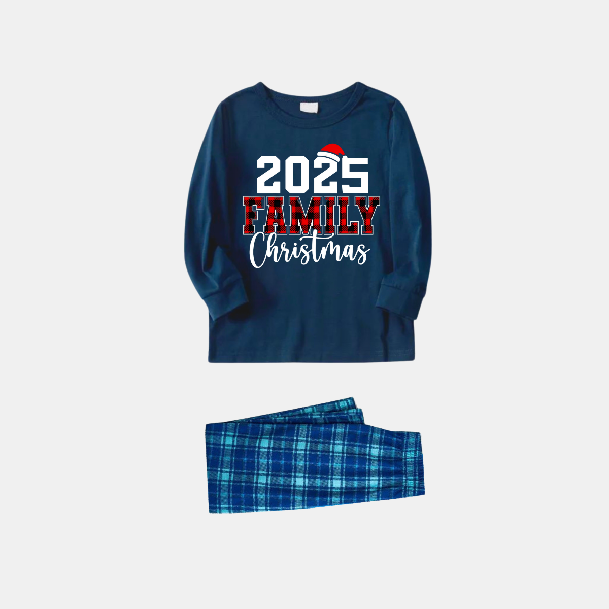 2025 Family Christmas Text Print Blue Long Sleeve Top With Blue Plaid Family Matching Pajamas
