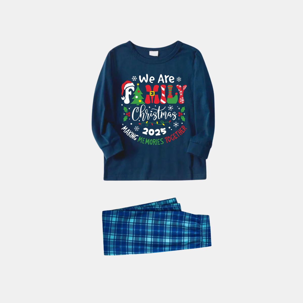 "We are Family" 2025 Christmas Wreath - Blue Long Sleeve Top With Blue Plaid Family Matching Pajamas