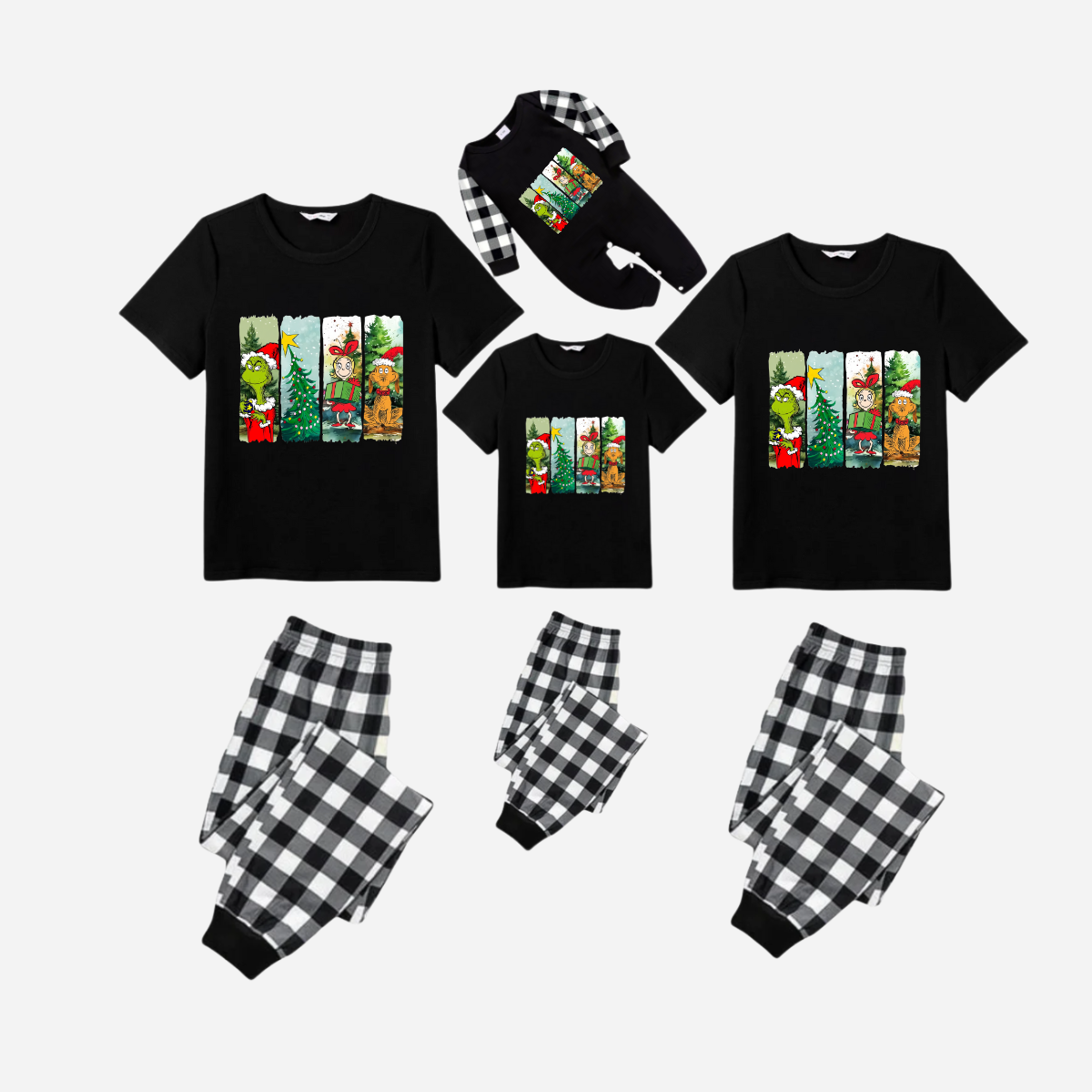 Christmas Cartoon Family Christmas Pajamas Set - Black Top with Black and White Plaid Pants