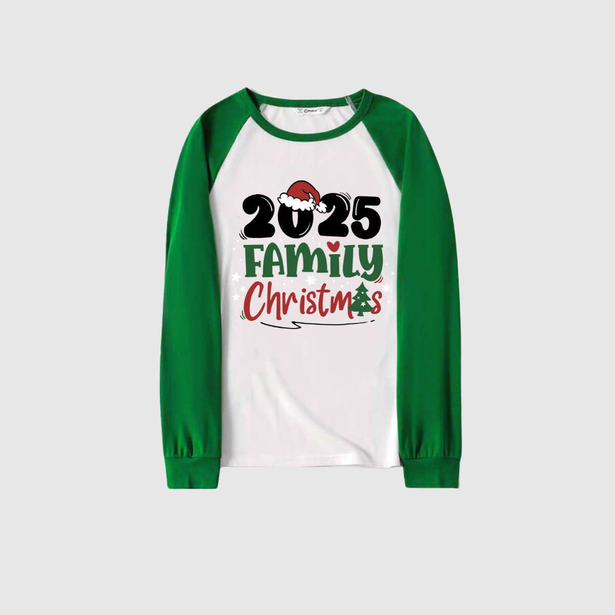 Merry Christmas 2025 Family Pajamas Set - White Top, Green Pants, Solid Green Sleeves, Santa Hat & Christmas Tree Print