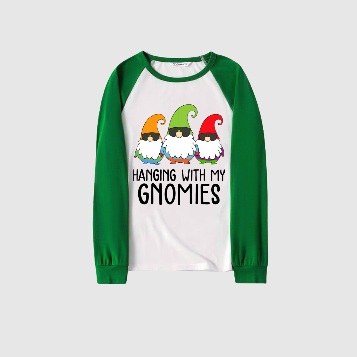 Hanging With My Gnomies Family Pajamas Set - White Top, Green Pants, Green Solid Sleeves, Santa & Cartoon Print